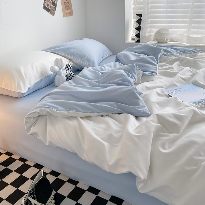 91家纺网 家纺一手货源 找家纺 曼谷家纺 新款ins风双拼小红书同款混搭床上四件套 双拼-奶白浅蓝