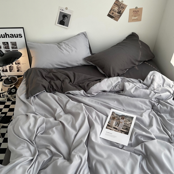 91家纺网 家纺一手货源 找家纺 曼谷家纺 新款ins风双拼小红书同款混搭床上四件套 双拼-浅灰深灰