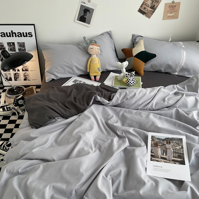 91家纺网 家纺一手货源 找家纺 曼谷家纺 新款ins风双拼小红书同款混搭床上四件套 双拼-浅灰深灰