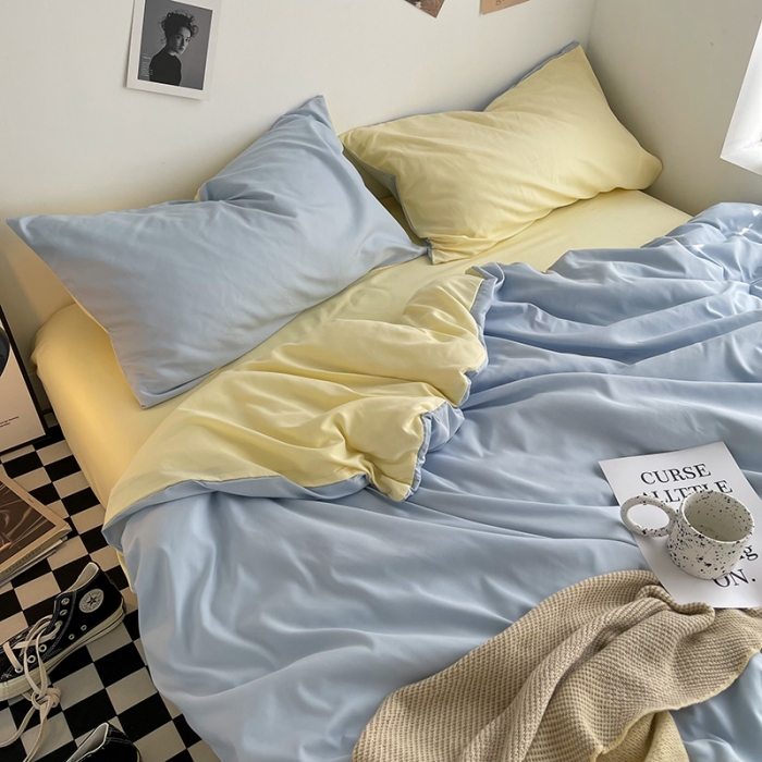 91家纺网 家纺一手货源 找家纺 曼谷家纺 新款ins风双拼小红书同款混搭床上四件套 双拼-浅蓝芝士