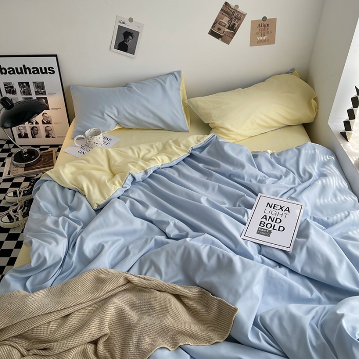 91家纺网 家纺一手货源 找家纺 曼谷家纺 新款ins风双拼小红书同款混搭床上四件套 双拼-浅蓝芝士