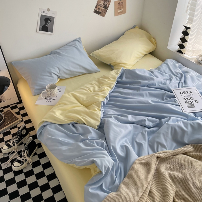 91家纺网 家纺一手货源 找家纺 曼谷家纺 新款ins风双拼小红书同款混搭床上四件套 双拼-浅蓝芝士