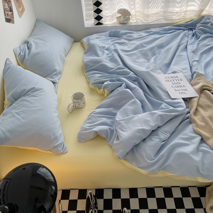 91家纺网 家纺一手货源 找家纺 曼谷家纺 新款ins风双拼小红书同款混搭床上四件套 双拼-浅蓝芝士