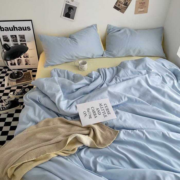 91家纺网 家纺一手货源 找家纺 曼谷家纺 新款ins风双拼小红书同款混搭床上四件套 双拼-浅蓝芝士