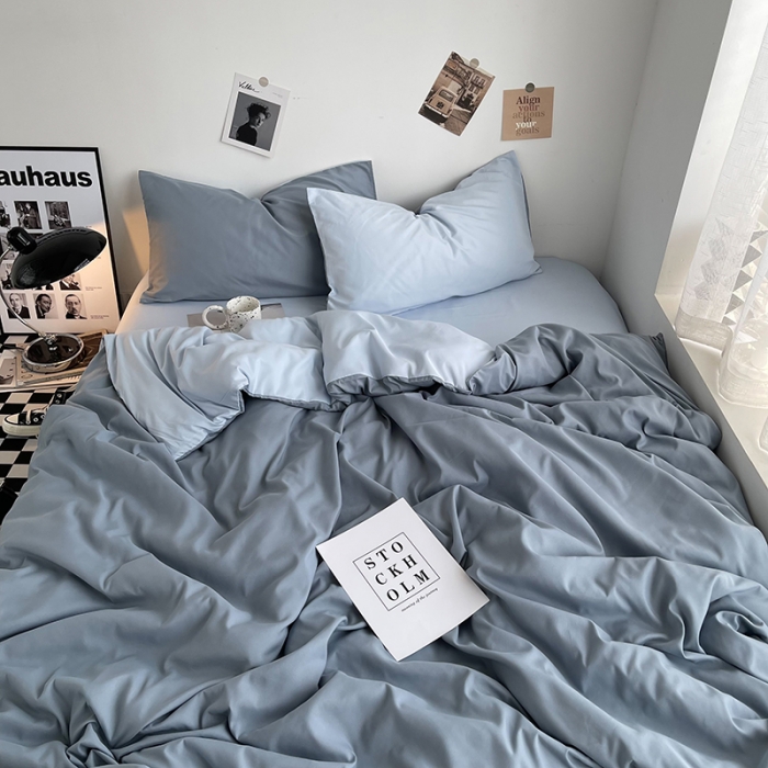 91家纺网 家纺一手货源 找家纺 曼谷家纺 新款ins风双拼小红书同款混搭床上四件套 双拼-月光雾蓝