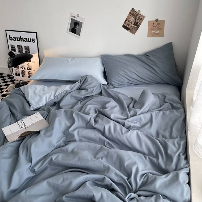 91家纺网 家纺一手货源 找家纺 曼谷家纺 新款ins风双拼小红书同款混搭床上四件套 双拼-月光雾蓝