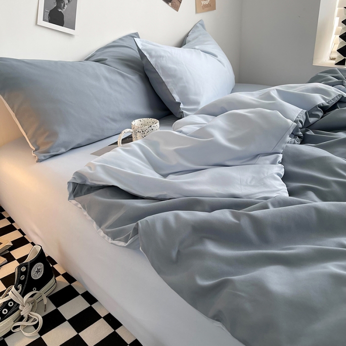 91家纺网 家纺一手货源 找家纺 曼谷家纺 新款ins风双拼小红书同款混搭床上四件套 双拼-月光雾蓝