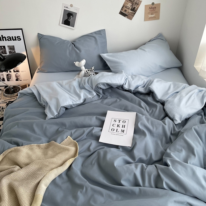 91家纺网 家纺一手货源 找家纺 曼谷家纺 新款ins风双拼小红书同款混搭床上四件套 双拼-月光雾蓝