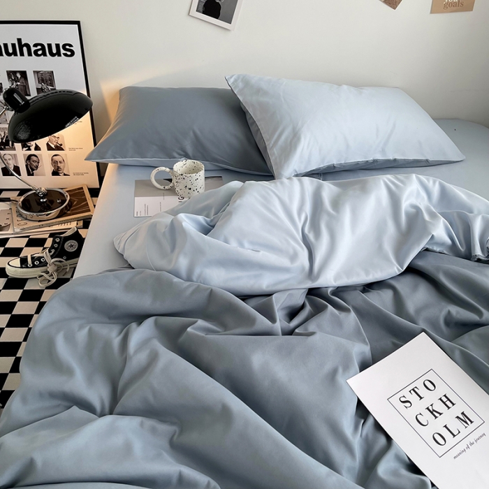 91家纺网 家纺一手货源 找家纺 曼谷家纺 新款ins风双拼小红书同款混搭床上四件套 双拼-月光雾蓝