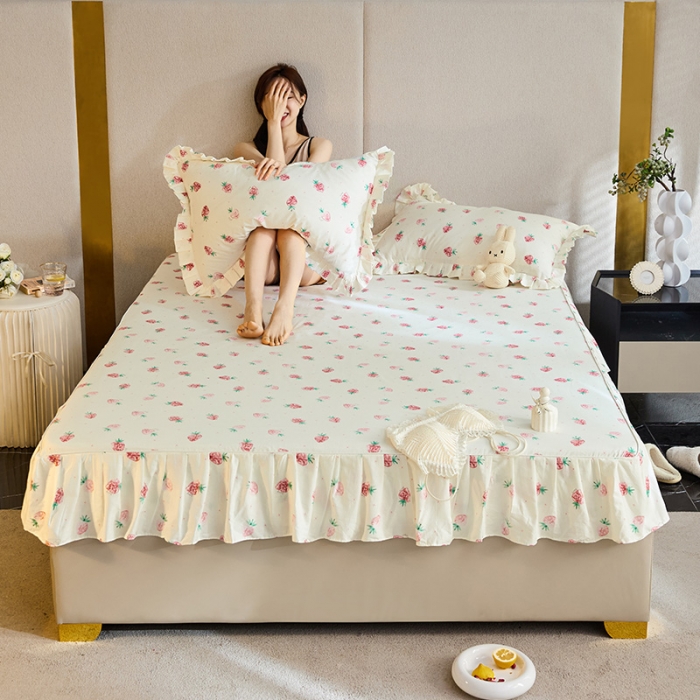 91家纺网 家纺一手货源 找家纺 铭动家纺 2023新款纯棉单层花边床笠 初恋