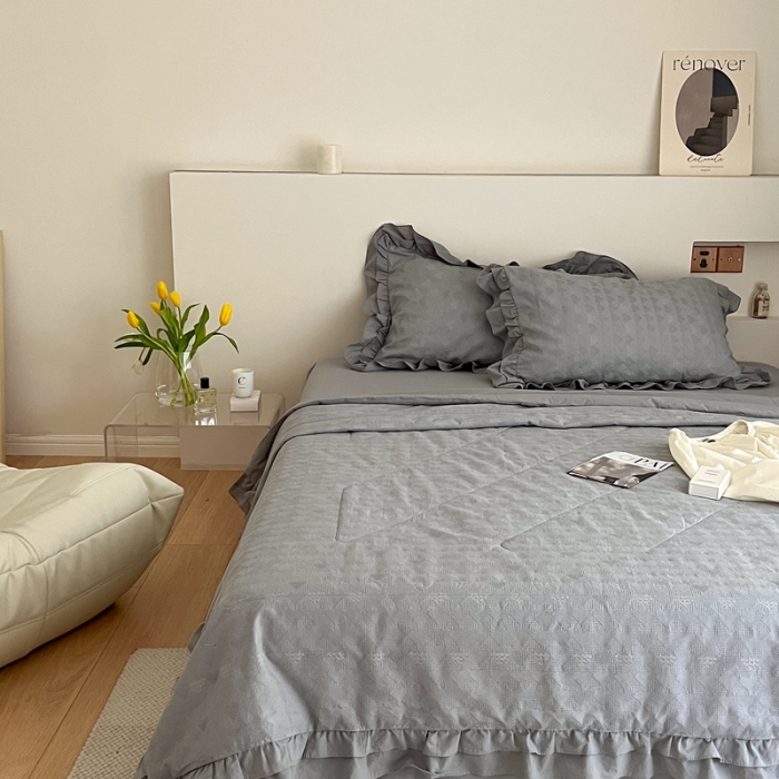 91家纺网 家纺一手货源 找家纺 昔可 2022新款60支水洗棉华夫格夏被 爱心雾霾蓝