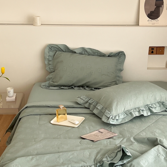 91家纺网 家纺一手货源 找家纺 昔可 2022新款60支水洗棉华夫格夏被 山茶薄荷绿