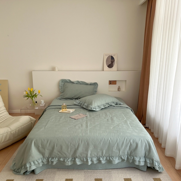 91家纺网 家纺一手货源 找家纺 昔可 2022新款60支水洗棉华夫格夏被 山茶薄荷绿