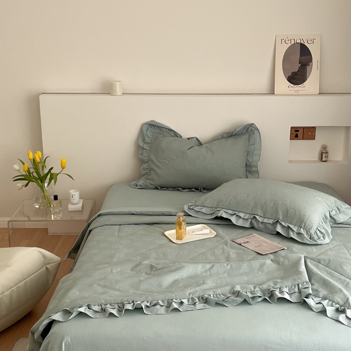 91家纺网 家纺一手货源 找家纺 昔可 2022新款60支水洗棉华夫格夏被 山茶薄荷绿