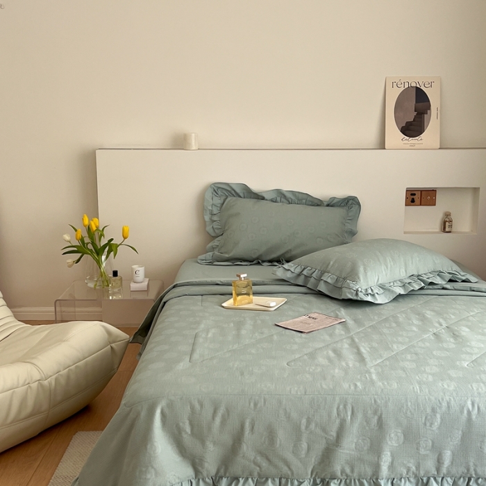 91家纺网 家纺一手货源 找家纺 昔可 2022新款60支水洗棉华夫格夏被 山茶薄荷绿