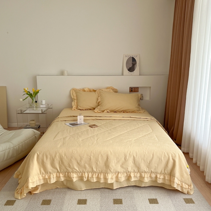 91家纺网 家纺一手货源 找家纺 昔可 2022新款60支水洗棉华夫格夏被 山茶嫩黄