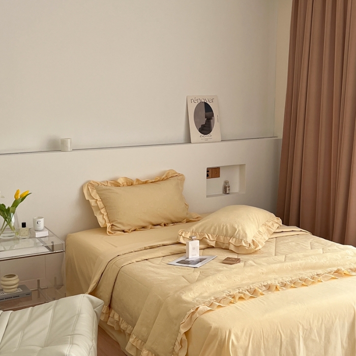 91家纺网 家纺一手货源 找家纺 昔可 2022新款60支水洗棉华夫格夏被 山茶嫩黄