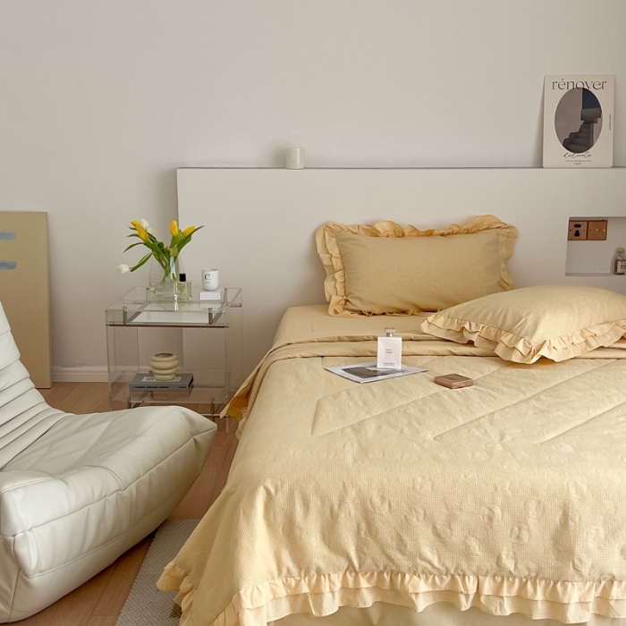 91家纺网 家纺一手货源 找家纺 昔可 2022新款60支水洗棉华夫格夏被 山茶嫩黄