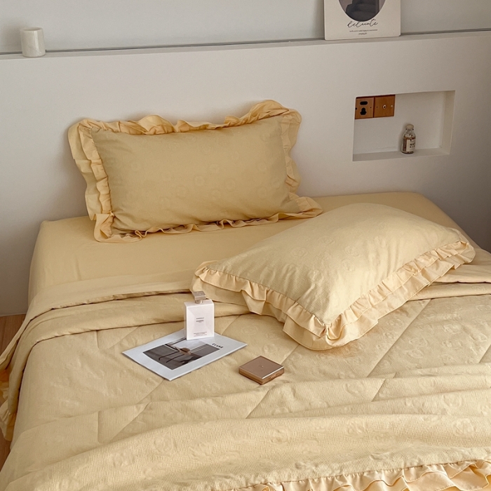 91家纺网 家纺一手货源 找家纺 昔可 2022新款60支水洗棉华夫格夏被 山茶嫩黄