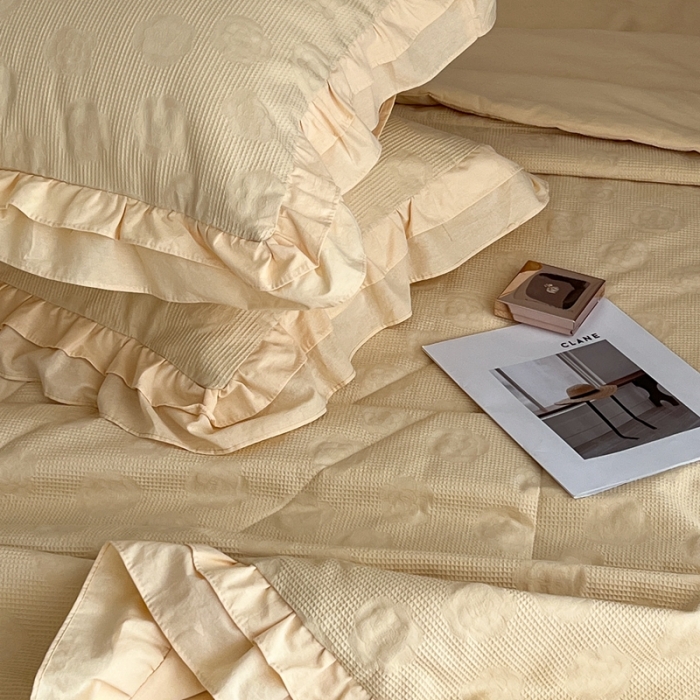 91家纺网 家纺一手货源 找家纺 昔可 2022新款60支水洗棉华夫格夏被 山茶嫩黄