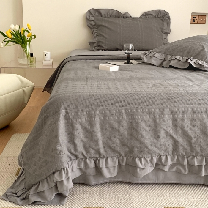 91家纺网 家纺一手货源 找家纺 昔可 2022新款60支水洗棉华夫格夏被 四花格灰