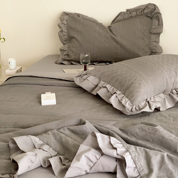 91家纺网 家纺一手货源 找家纺 昔可 2022新款60支水洗棉华夫格夏被 四花格灰