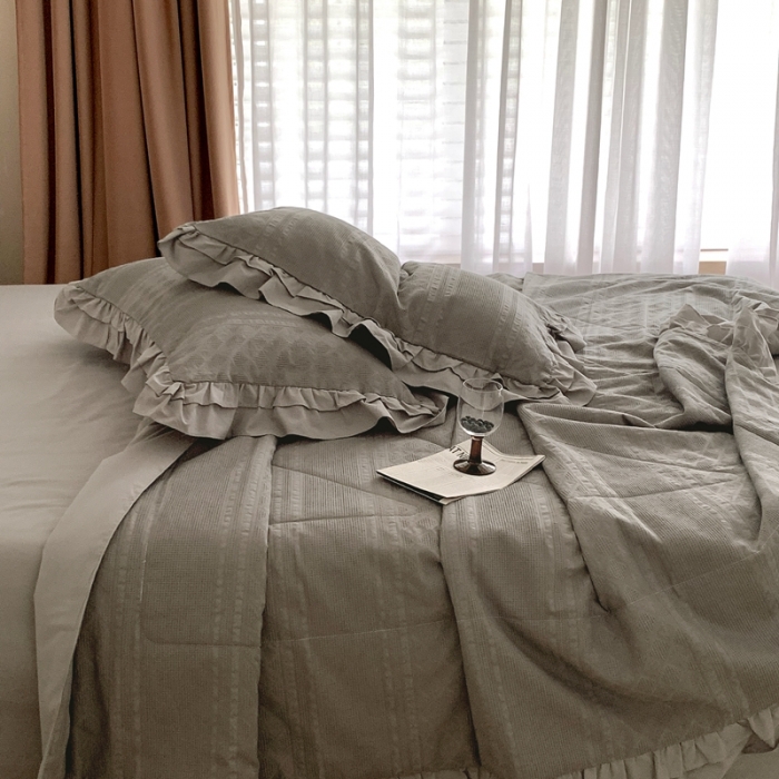 91家纺网 家纺一手货源 找家纺 昔可 2022新款60支水洗棉华夫格夏被 四花格灰