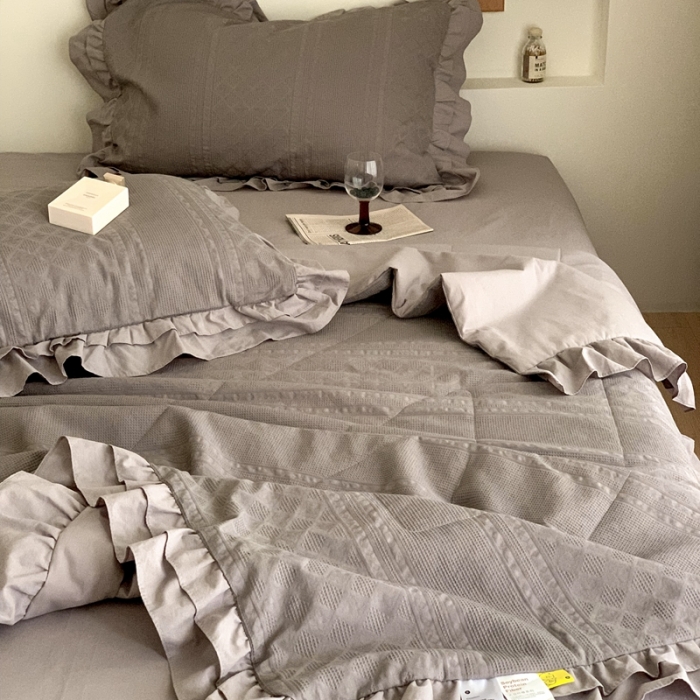 91家纺网 家纺一手货源 找家纺 昔可 2022新款60支水洗棉华夫格夏被 四花格灰