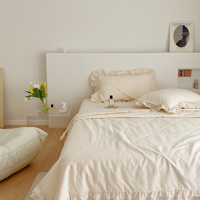 91家纺网 家纺一手货源 找家纺 昔可 2022新款60支水洗棉华夫格夏被 四花格米白