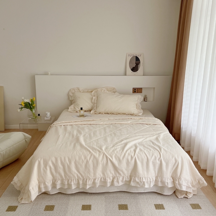 91家纺网 家纺一手货源 找家纺 昔可 2022新款60支水洗棉华夫格夏被 四花格米白