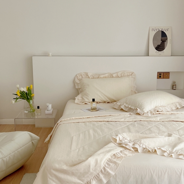 91家纺网 家纺一手货源 找家纺 昔可 2022新款60支水洗棉华夫格夏被 四花格米白