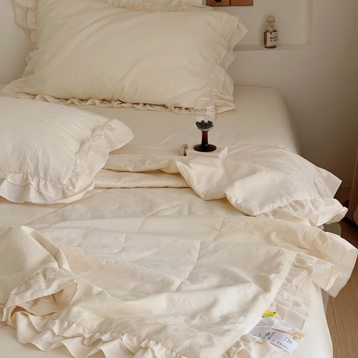 91家纺网 家纺一手货源 找家纺 昔可 2022新款60支水洗棉华夫格夏被 四花格米白