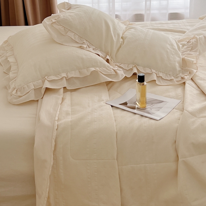 91家纺网 家纺一手货源 找家纺 昔可 2022新款60支水洗棉华夫格夏被 四花格米白