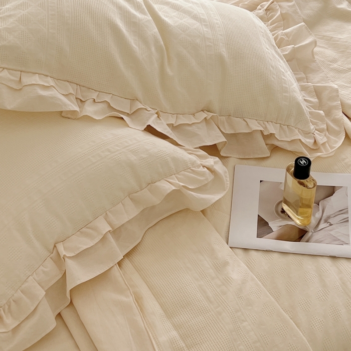 91家纺网 家纺一手货源 找家纺 昔可 2022新款60支水洗棉华夫格夏被 四花格米白