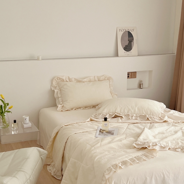 91家纺网 家纺一手货源 找家纺 昔可 2022新款60支水洗棉华夫格夏被 四花格米白