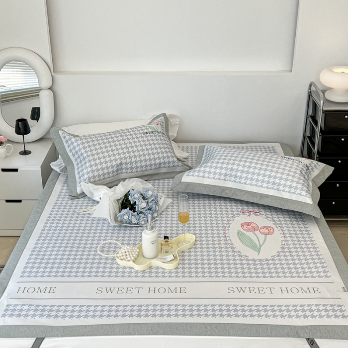 91家纺网 家纺一手货源 找家纺 昔可 2022新款大版数码水洗冰沐丝凉席 千鸟格郁金香