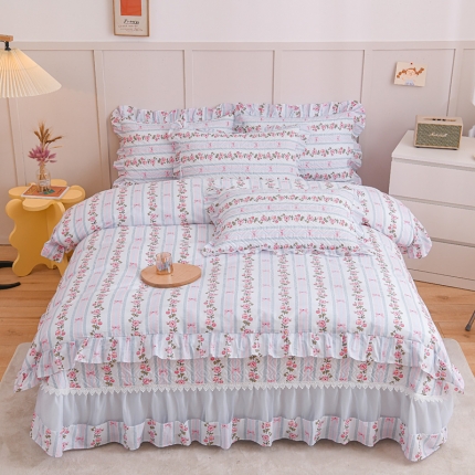 91家纺网 家纺一手货源 找家纺 2023仙女风欧根纱全棉床盖三件套蕾丝花边夹棉纯棉床单四件套