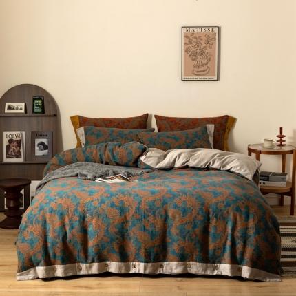 91家纺网 家纺一手货源 找家纺 凡客 2022新款全棉A类色织双层纱纽扣款四件套 爱丽尔-蓝