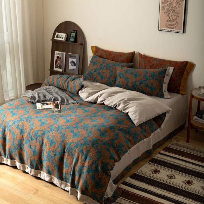 91家纺网 家纺一手货源 找家纺 凡客 2022新款全棉A类色织双层纱纽扣款四件套 爱丽尔-蓝