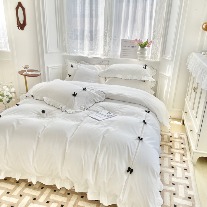 91家纺网 家纺一手货源 找家纺 玛奇朵 2022新款40S水洗棉手工订珠蝴蝶结-可可妮 可可妮-白