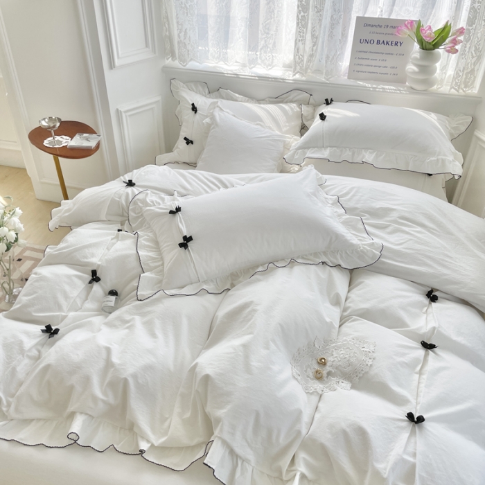 91家纺网 家纺一手货源 找家纺 玛奇朵 2022新款40S水洗棉手工订珠蝴蝶结-可可妮 可可妮-白