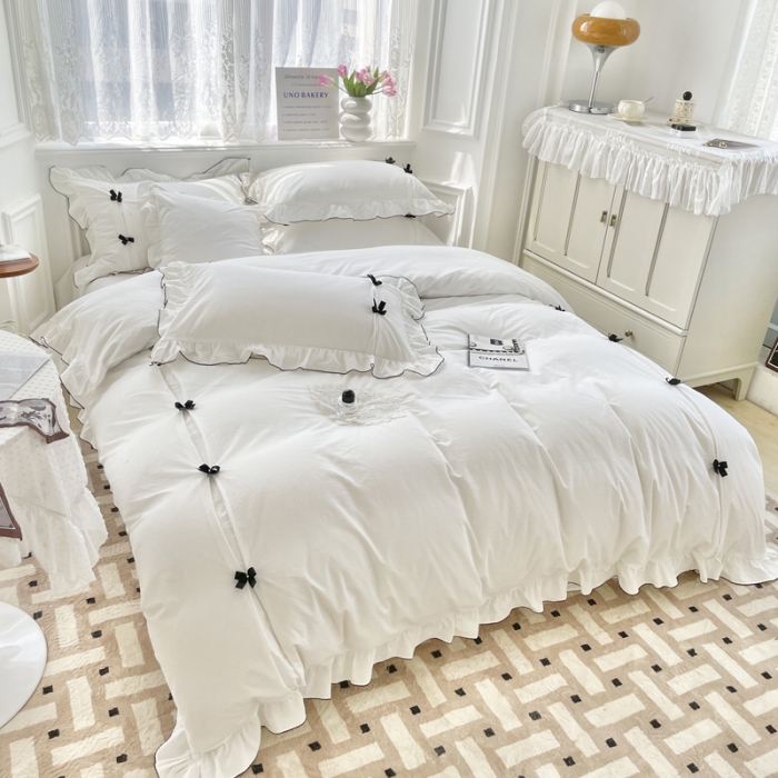 91家纺网 家纺一手货源 找家纺 玛奇朵 2022新款40S水洗棉手工订珠蝴蝶结-可可妮 可可妮-白