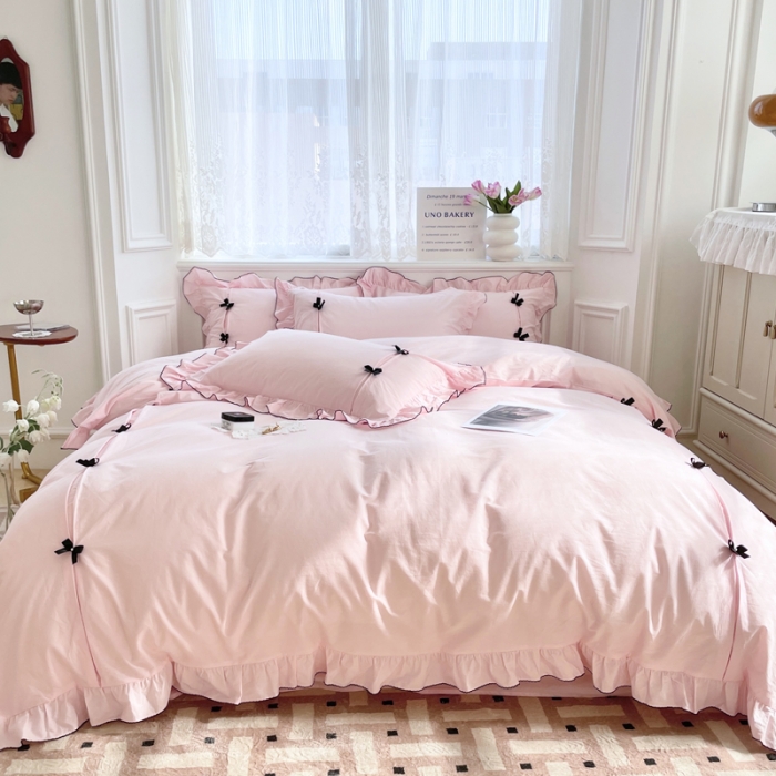 91家纺网 家纺一手货源 找家纺 玛奇朵 2022新款40S水洗棉手工订珠蝴蝶结-可可妮 可可妮-粉