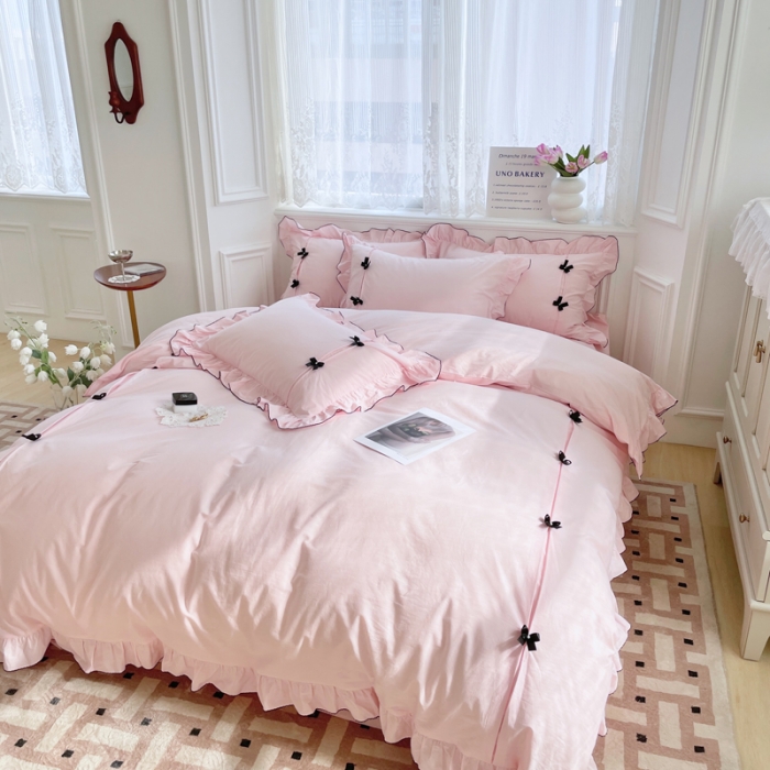 91家纺网 家纺一手货源 找家纺 玛奇朵 2022新款40S水洗棉手工订珠蝴蝶结-可可妮 可可妮-粉