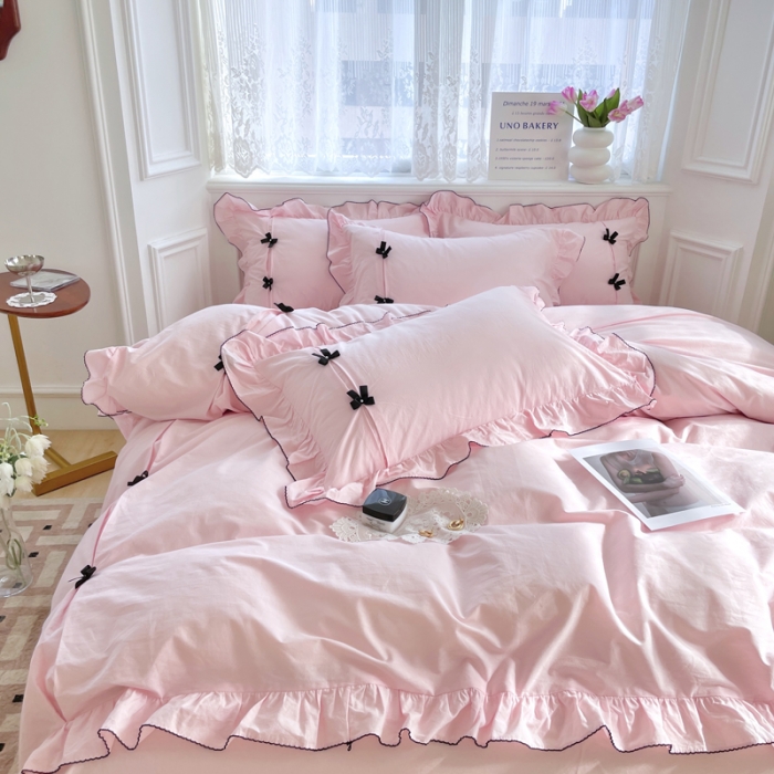 91家纺网 家纺一手货源 找家纺 玛奇朵 2022新款40S水洗棉手工订珠蝴蝶结-可可妮 可可妮-粉