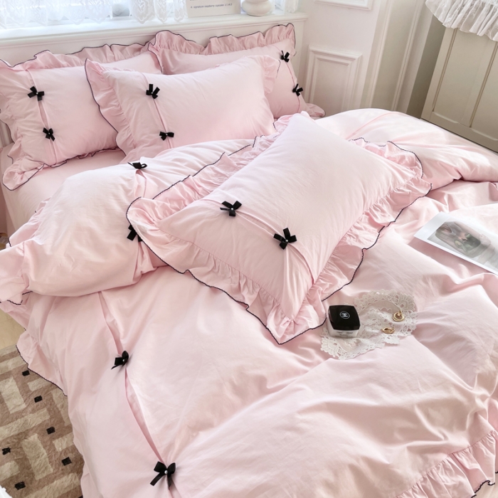 91家纺网 家纺一手货源 找家纺 玛奇朵 2022新款40S水洗棉手工订珠蝴蝶结-可可妮 可可妮-粉