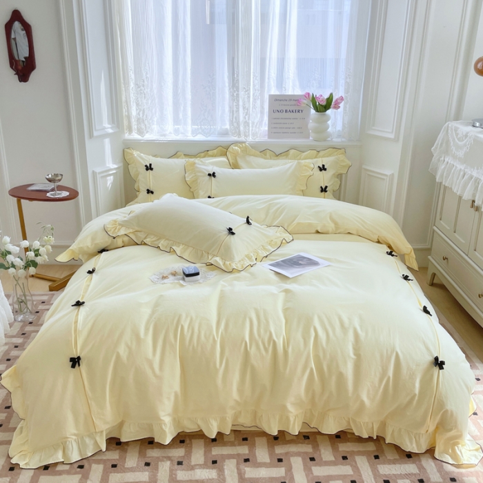 91家纺网 家纺一手货源 找家纺 玛奇朵 2022新款40S水洗棉手工订珠蝴蝶结-可可妮 可可妮-黄