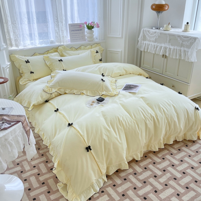 91家纺网 家纺一手货源 找家纺 玛奇朵 2022新款40S水洗棉手工订珠蝴蝶结-可可妮 可可妮-黄