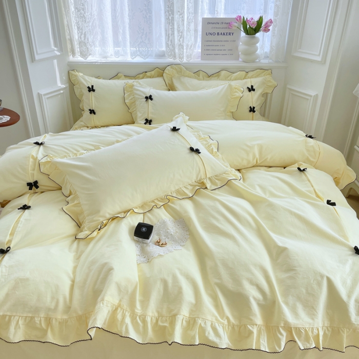 91家纺网 家纺一手货源 找家纺 玛奇朵 2022新款40S水洗棉手工订珠蝴蝶结-可可妮 可可妮-黄