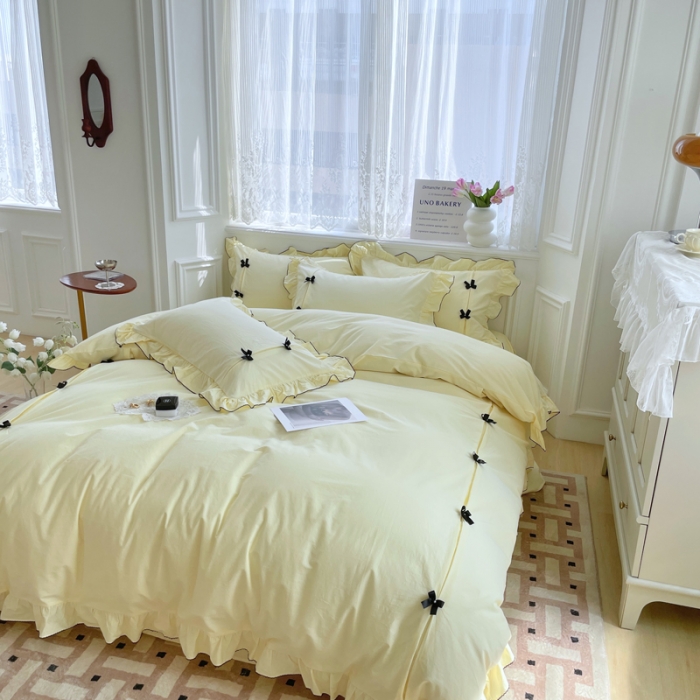 91家纺网 家纺一手货源 找家纺 玛奇朵 2022新款40S水洗棉手工订珠蝴蝶结-可可妮 可可妮-黄